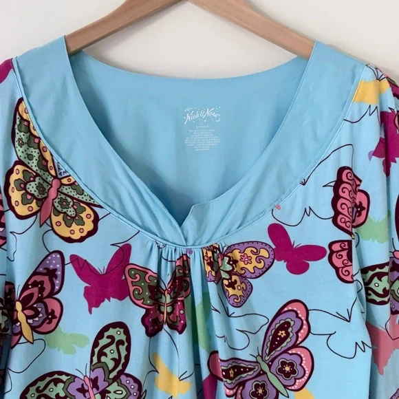 Nick & Nora Sleepshirt Nightgown Butterflies Blue Long Sleeve Pockets Size Large - Picture 3 of 10